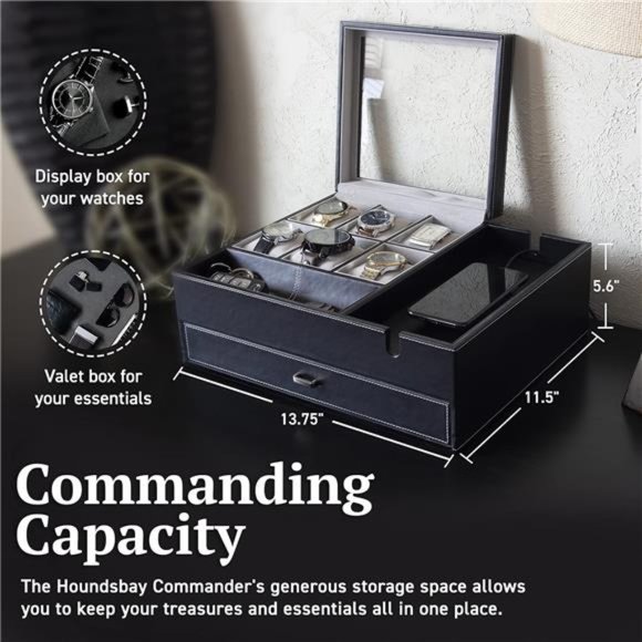 Commander Dresser Valet Watch Box Case & Mens Jewelry Box Organizer - Picture 2 of 7
